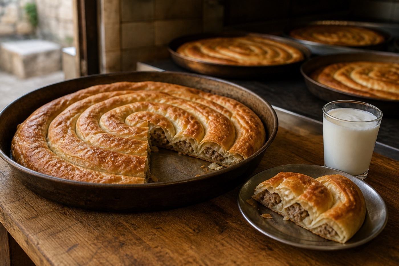 AI-generated interpretation of freshly baked spiral burek with meat filling and yogurt in a Mostar bakery