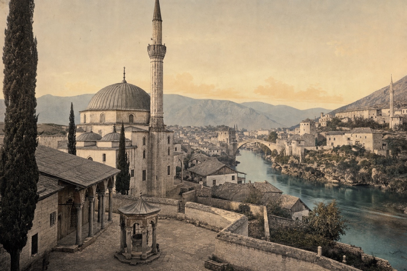 Historical interpretation of Koski Mehmed Pasha Mosque overlooking the Neretva River and Mostar