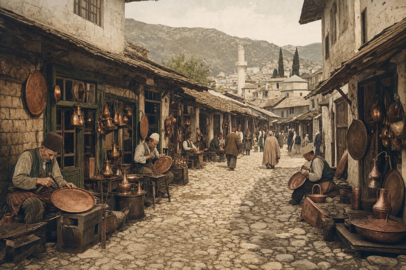 Historical interpretation of coppersmiths working along Kujundziluk bazaar in Mostar