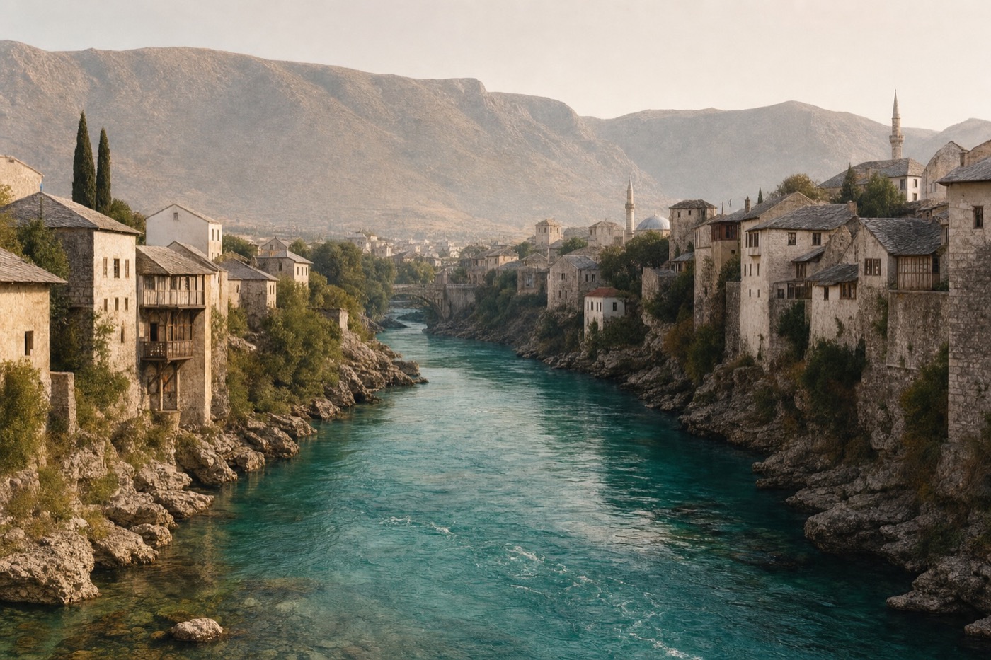 Historical interpretation of the blue-green Neretva River flowing through Mostar between limestone banks and Ottoman-era buildings