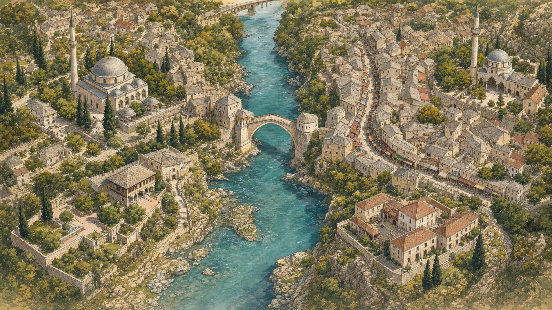 Illustrated bird's-eye tourist overview of central Mostar and the Neretva River