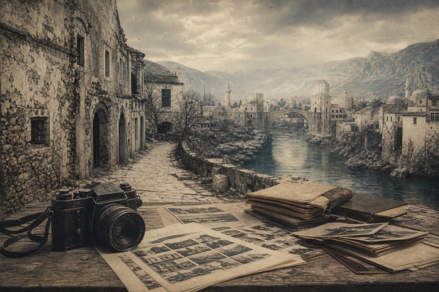 Historical interpretation of an archival camera and photographs representing Mostar's wartime memory