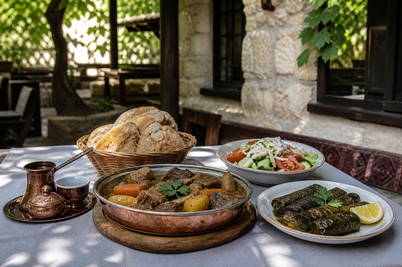 AI-generated interpretation of a traditional Herzegovinian meal with slow-cooked meat, dolma, salad, bread, and Bosnian coffee