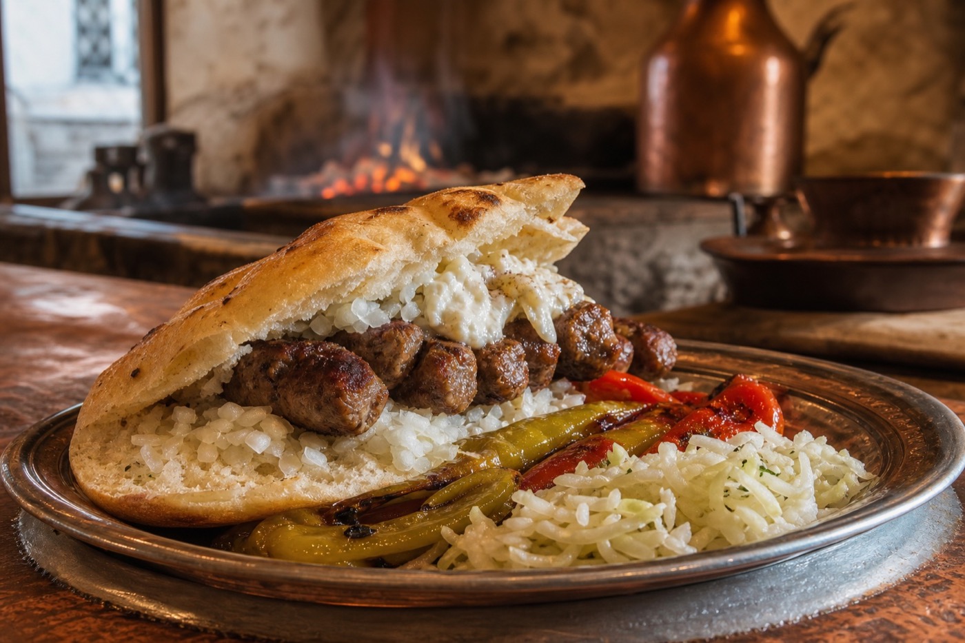 AI-generated interpretation of grilled ćevapi in somun with onion, kajmak, peppers, and cabbage salad in Mostar